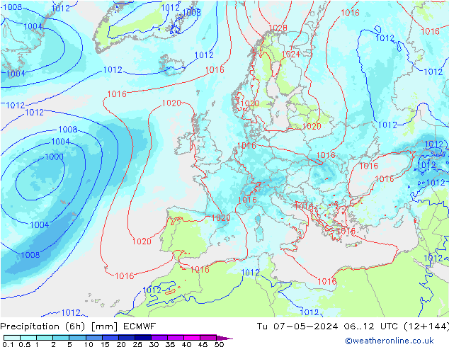 Totale neerslag (6h) ECMWF di 07.05.2024 12 UTC