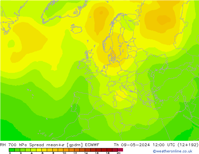 RH 700 hPa Spread ECMWF Čt 09.05.2024 12 UTC