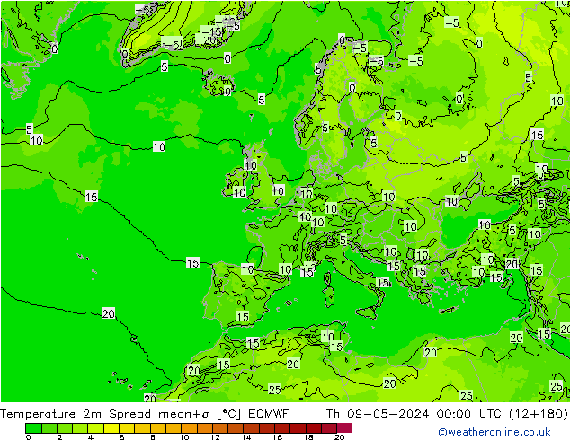 Temperature 2m Spread ECMWF Th 09.05.2024 00 UTC