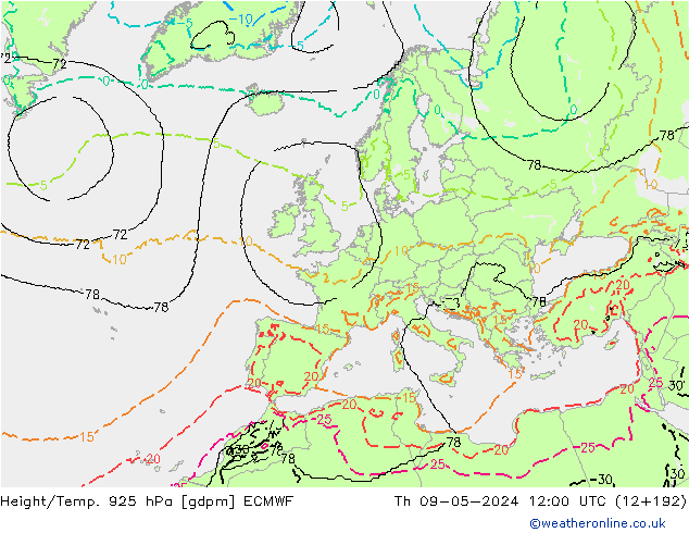 Height/Temp. 925 hPa ECMWF Th 09.05.2024 12 UTC