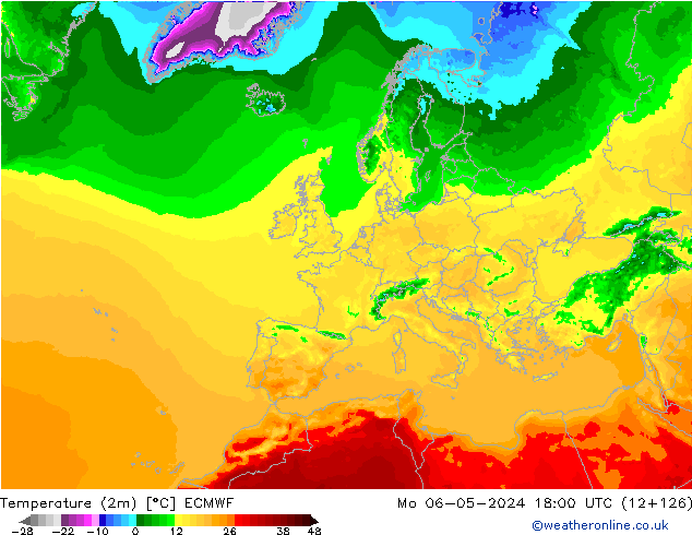 Temperatuurkaart (2m) ECMWF ma 06.05.2024 18 UTC