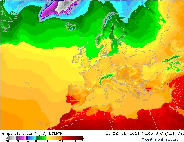 mapa temperatury (2m) ECMWF śro. 08.05.2024 12 UTC