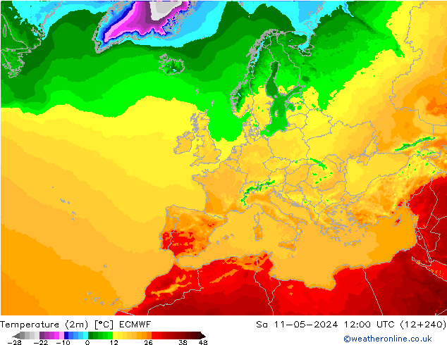 Temperature (2m) ECMWF Sa 11.05.2024 12 UTC