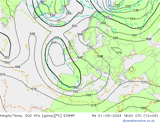 Height/Temp. 500 hPa ECMWF Mi 01.05.2024 18 UTC