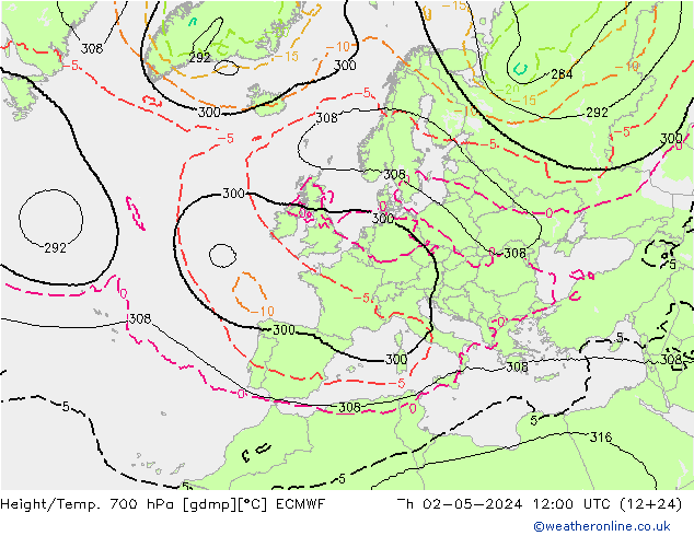 Height/Temp. 700 hPa ECMWF Th 02.05.2024 12 UTC