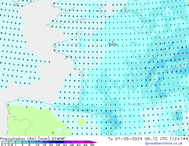 Precipitation (6h) ECMWF Tu 07.05.2024 12 UTC