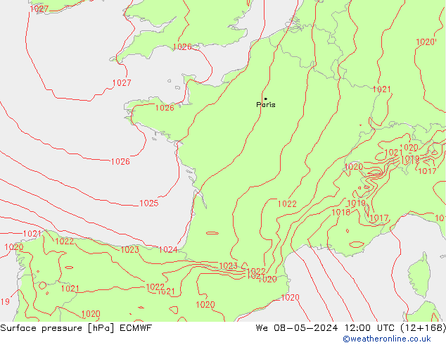Presión superficial ECMWF mié 08.05.2024 12 UTC