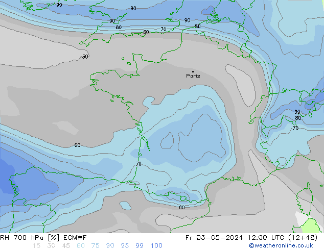 Humedad rel. 700hPa ECMWF vie 03.05.2024 12 UTC
