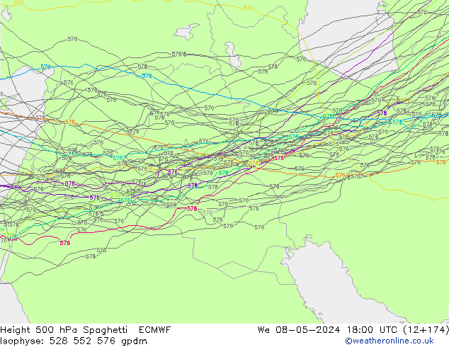 Height 500 hPa Spaghetti ECMWF We 08.05.2024 18 UTC