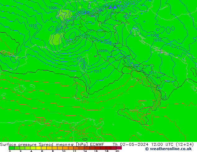 Surface pressure Spread ECMWF Th 02.05.2024 12 UTC