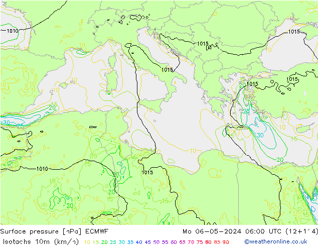 Isotachen (km/h) ECMWF ma 06.05.2024 06 UTC
