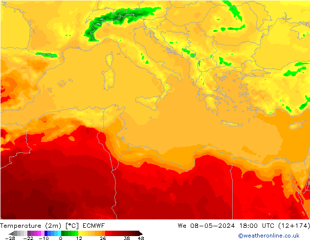 Temperatura (2m) ECMWF Qua 08.05.2024 18 UTC