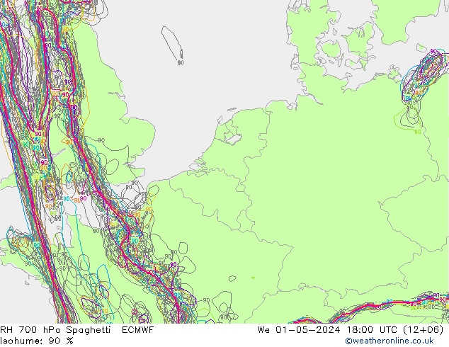 RH 700 hPa Spaghetti ECMWF Mi 01.05.2024 18 UTC