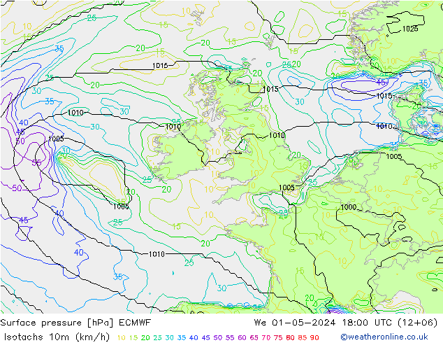 Isotachs (kph) ECMWF  01.05.2024 18 UTC