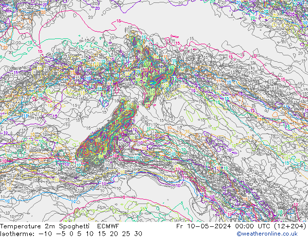 Temperature 2m Spaghetti ECMWF Fr 10.05.2024 00 UTC