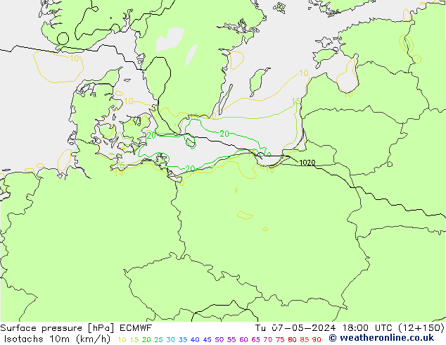 Isotachs (kph) ECMWF вт 07.05.2024 18 UTC