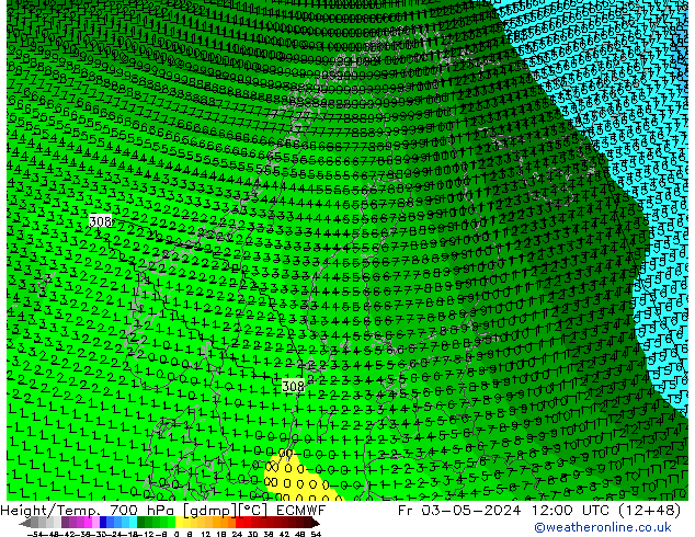 Height/Temp. 700 hPa ECMWF Fr 03.05.2024 12 UTC