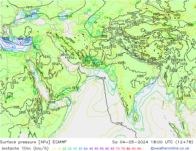 Izotacha (km/godz) ECMWF so. 04.05.2024 18 UTC