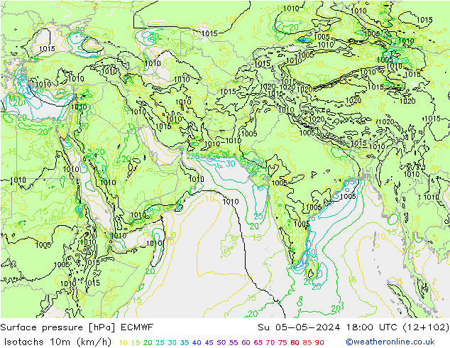 Isotachs (kph) ECMWF Вс 05.05.2024 18 UTC