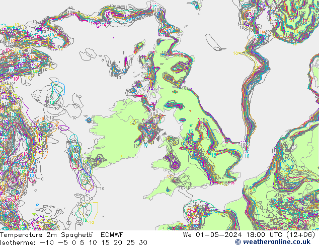 Temperatuurkaart Spaghetti ECMWF wo 01.05.2024 18 UTC