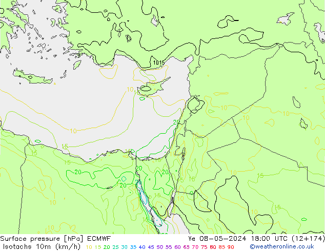 Isotachs (kph) ECMWF  08.05.2024 18 UTC