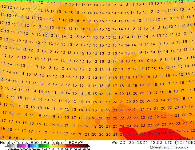 Geop./Temp. 850 hPa ECMWF mié 08.05.2024 12 UTC