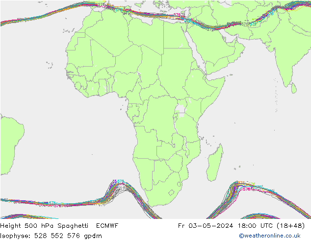 Height 500 hPa Spaghetti ECMWF Fr 03.05.2024 18 UTC