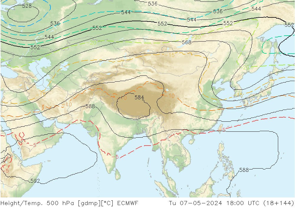 Height/Temp. 500 hPa ECMWF wto. 07.05.2024 18 UTC