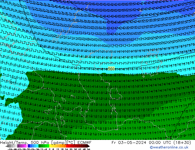 Hoogte/Temp. 500 hPa ECMWF vr 03.05.2024 00 UTC