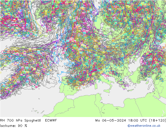 RH 700 hPa Spaghetti ECMWF Mo 06.05.2024 18 UTC