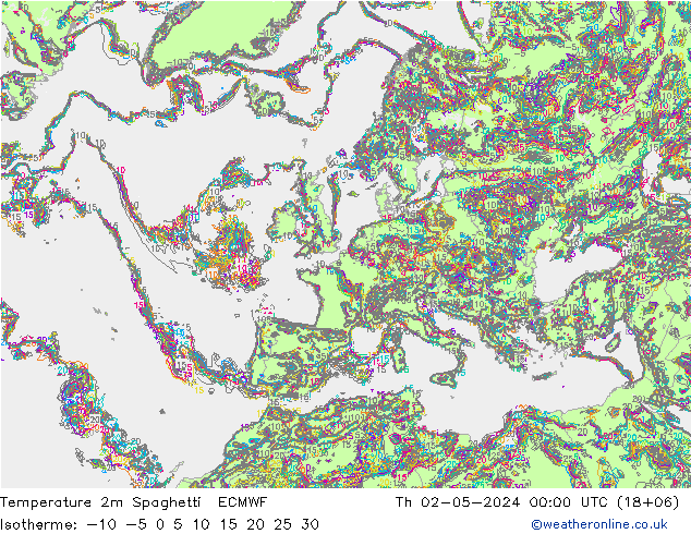 Temperatura 2m Spaghetti ECMWF gio 02.05.2024 00 UTC