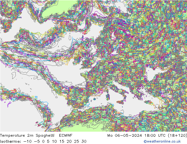 Temperatura 2m Spaghetti ECMWF lun 06.05.2024 18 UTC