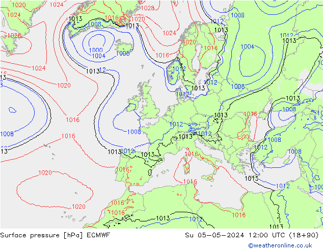 Atmosférický tlak ECMWF Ne 05.05.2024 12 UTC