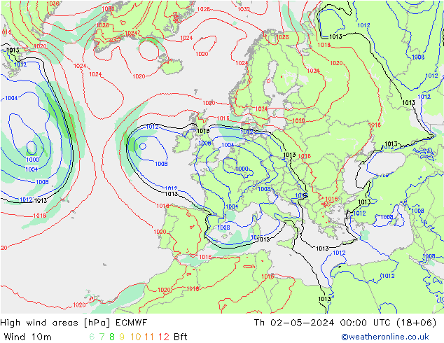 High wind areas ECMWF gio 02.05.2024 00 UTC
