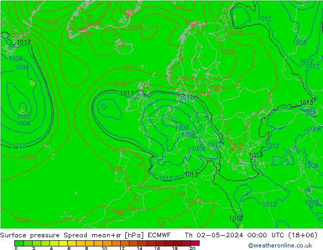 Presión superficial Spread ECMWF jue 02.05.2024 00 UTC