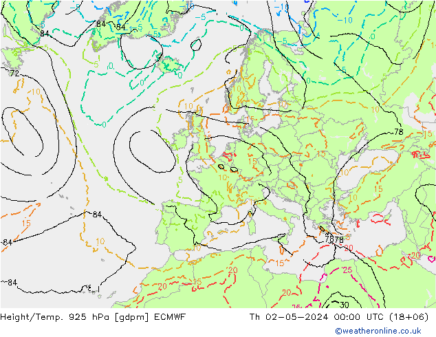 Height/Temp. 925 hPa ECMWF Čt 02.05.2024 00 UTC