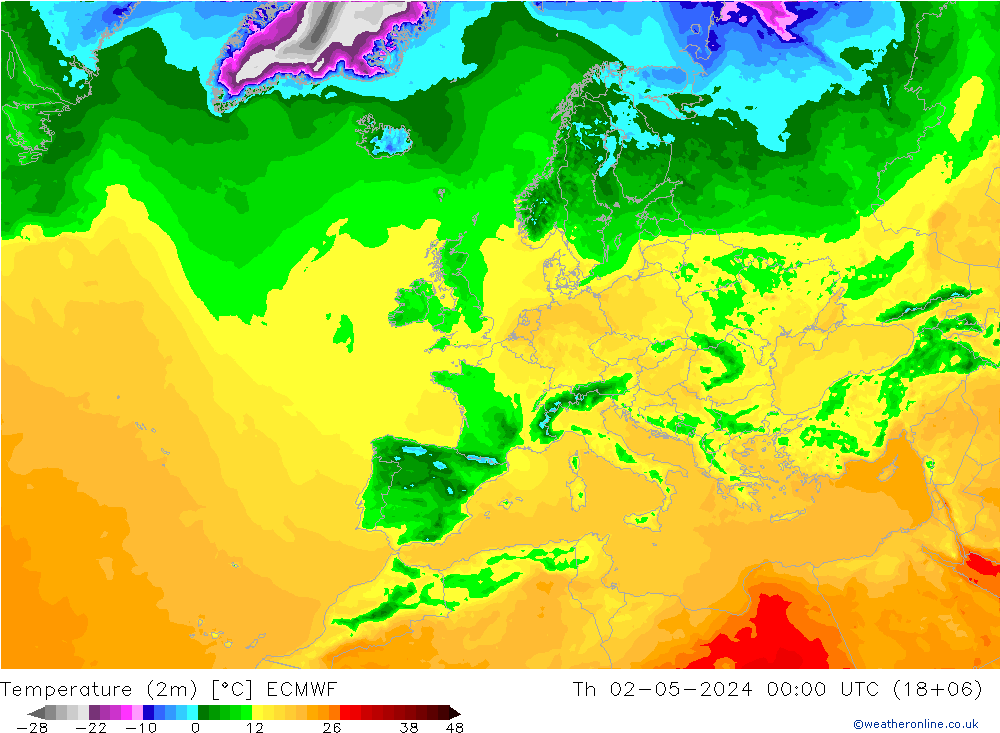 Temperatura (2m) ECMWF gio 02.05.2024 00 UTC