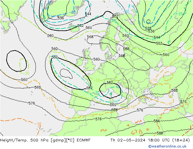 Height/Temp. 500 hPa ECMWF gio 02.05.2024 18 UTC