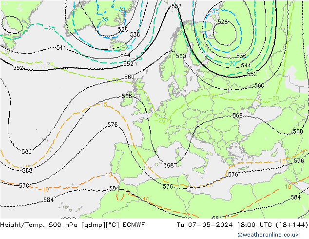 Height/Temp. 500 hPa ECMWF Di 07.05.2024 18 UTC