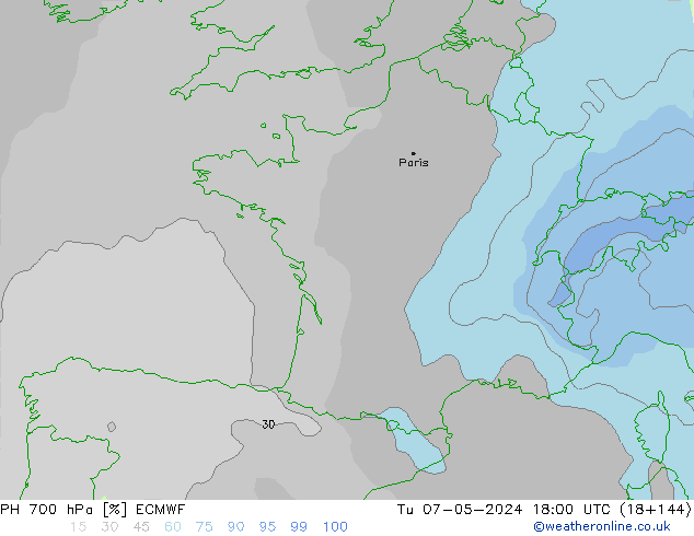 Humedad rel. 700hPa ECMWF mar 07.05.2024 18 UTC