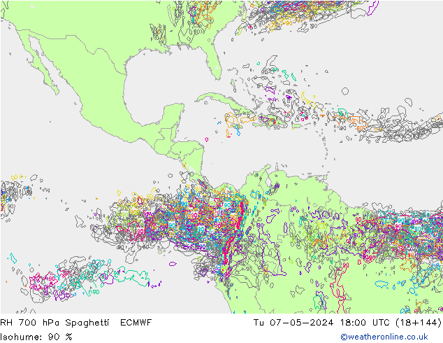 RH 700 гПа Spaghetti ECMWF вт 07.05.2024 18 UTC