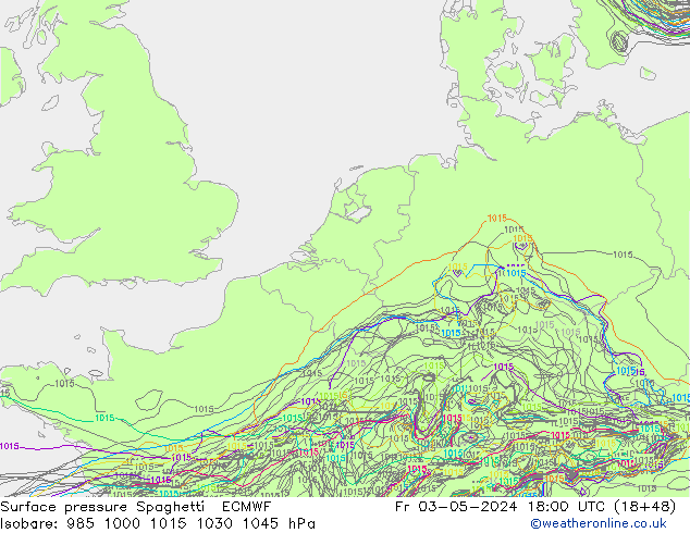 Luchtdruk op zeeniveau Spaghetti ECMWF vr 03.05.2024 18 UTC
