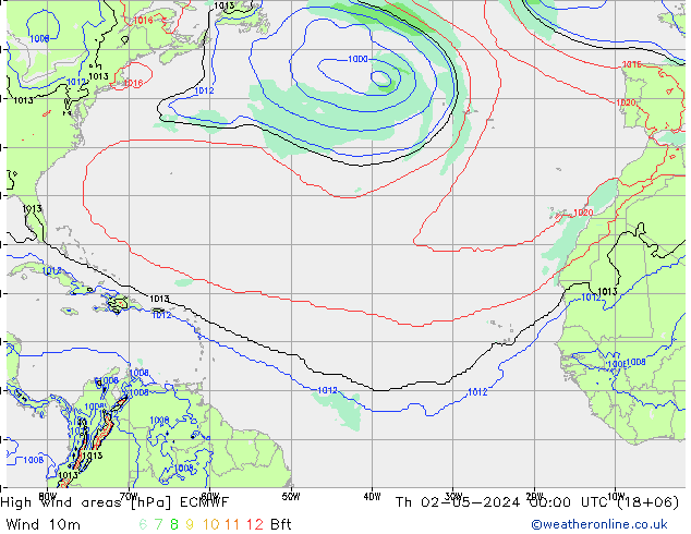 yüksek rüzgarlı alanlar ECMWF Per 02.05.2024 00 UTC