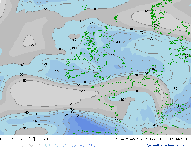 Humidité rel. 700 hPa ECMWF ven 03.05.2024 18 UTC