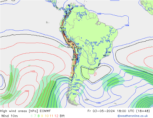 High wind areas ECMWF ven 03.05.2024 18 UTC