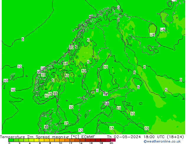 Temperature 2m Spread ECMWF Th 02.05.2024 18 UTC