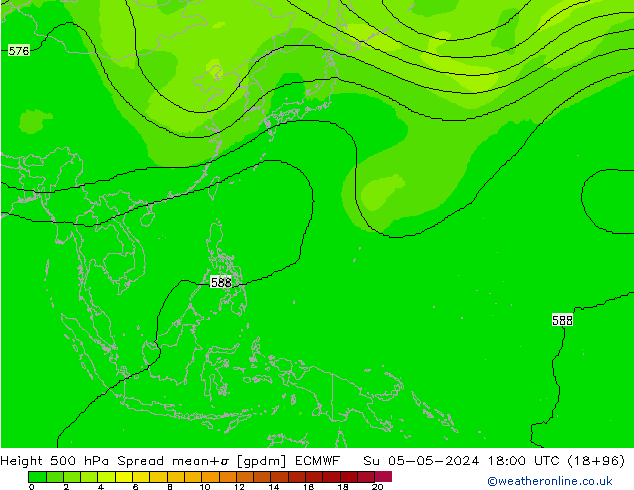 Height 500 гПа Spread ECMWF Вс 05.05.2024 18 UTC