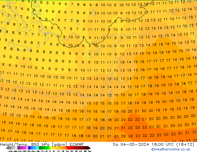 Geop./Temp. 850 hPa ECMWF sáb 04.05.2024 18 UTC