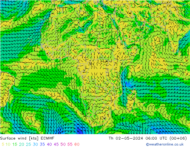 Vento 10 m ECMWF gio 02.05.2024 06 UTC