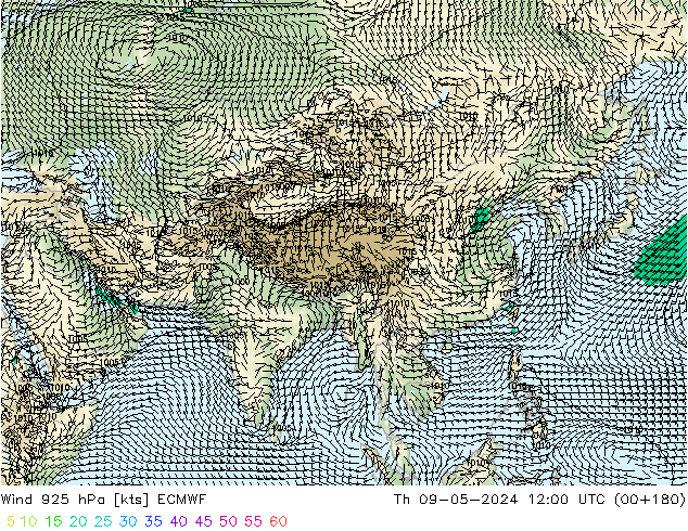 Wind 925 hPa ECMWF Čt 09.05.2024 12 UTC